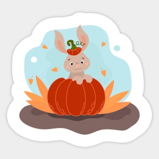 cute little bunny sitting in a pumpkin, Happy Halloween Sticker